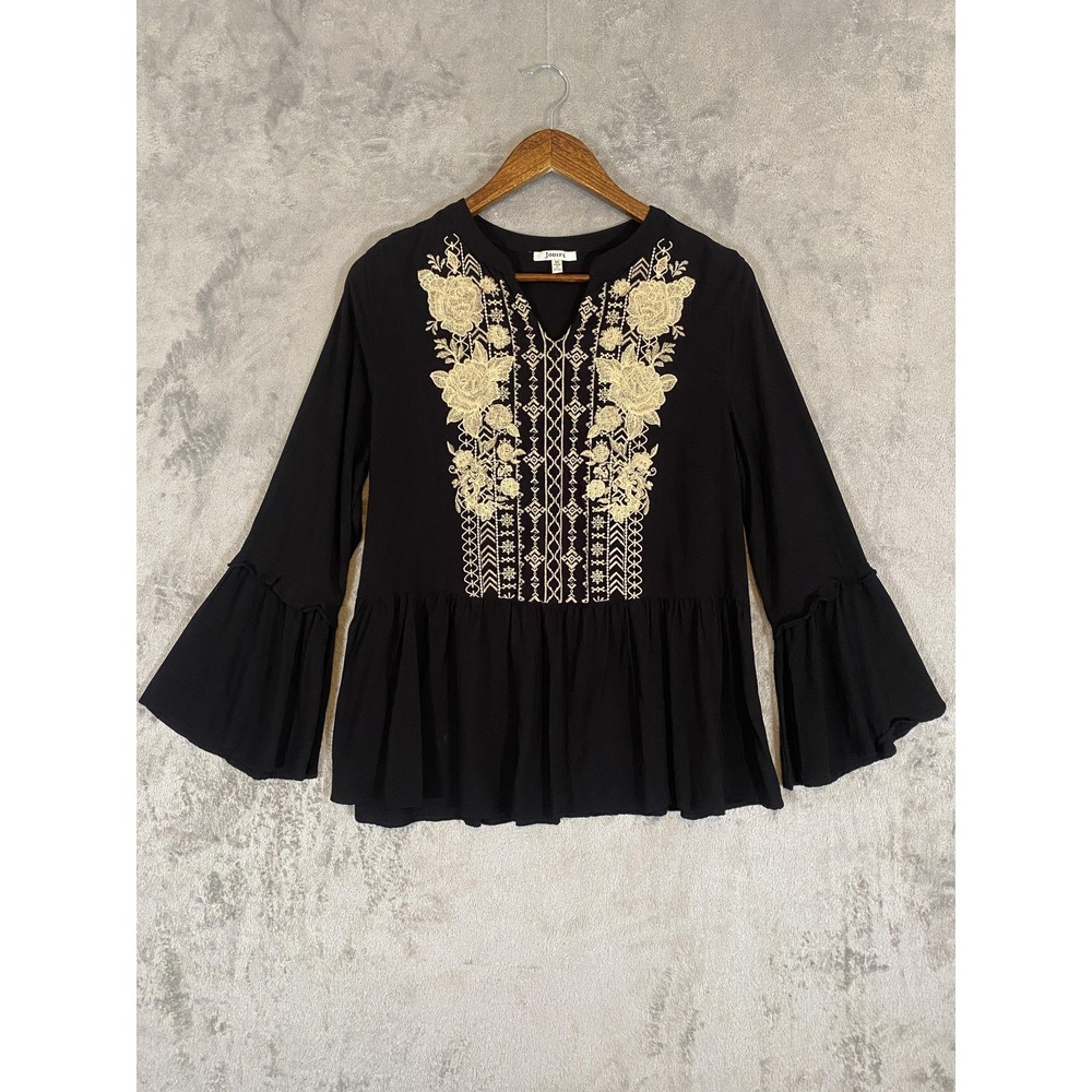JODIFL Shirt Sz M Black Embroidered Peplum Bell Sleeve Bohemian Gypsy Whimsygoth